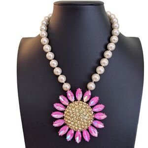 Betsey Johnson Extra Large Sparkly Flower Pendant on Faux Pearl Chain.